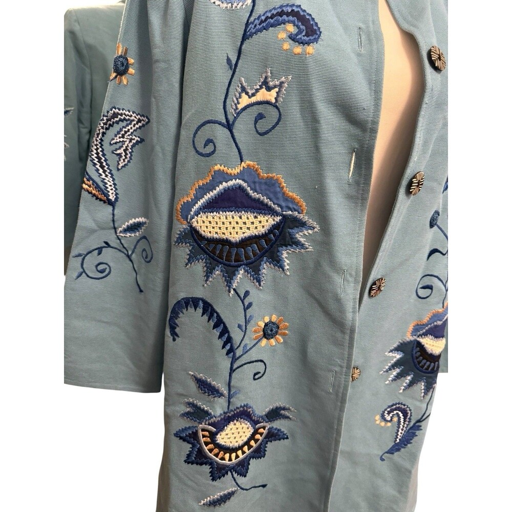 Indigo Moon Embroidered Floral Long Jacket Blue Cotton Mandarin Collar Size S - Picture 3 of 12